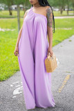 Purple Fashion Casual Solid Backless One Shoulder Regular Jumpsuits