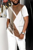 White Men's Casual Color Blocking Long Sleeve Walking Suit-001