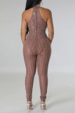 Brown Sexy Patchwork Hot Drilling Hollowed Out See-through Backless Half A Turtleneck Skinny Jumpsuits