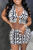 Black White Sexy Print Patchwork V Neck Sleeveless Two Pieces