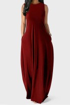 Burgundy Casual Solid Basic O Neck Long Dress Dresses