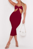 Pink Sexy Solid Hollowed Out Pencil Skirt Dresses