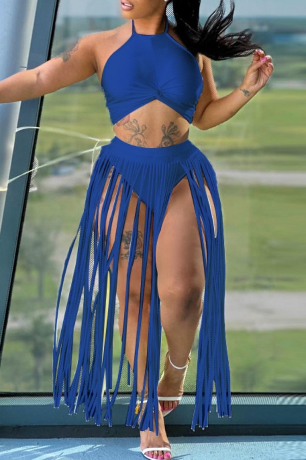 Blue Sexy Solid Tassel Patchwork Backless Halter Sleeveless Two Pieces