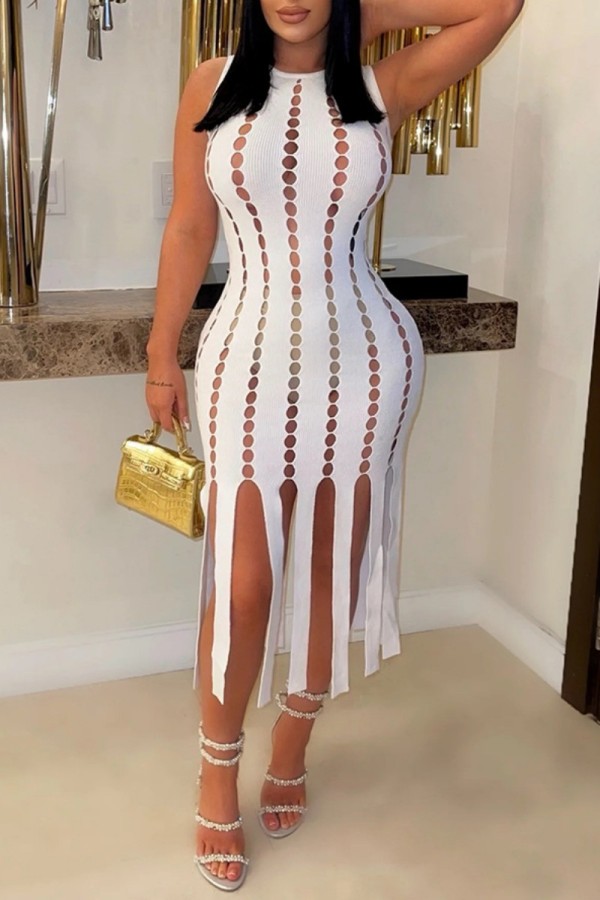 White Sexy Solid Tassel Hollowed Out O Neck Sleeveless Dress Dresses