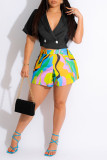 Red Casual Work Street Elegant Print Patchwork Buttons Turn-back Collar Short Sleeve Two Pieces