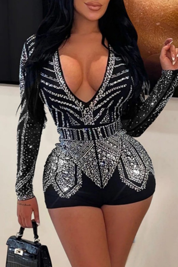 Black Sexy Patchwork Hot Drill V Neck Skinny Rompers