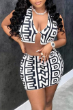 Black White Sexy Print Patchwork V Neck Sleeveless Two Pieces