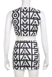 Black White Sexy Print Patchwork V Neck Sleeveless Two Pieces