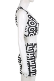 Black White Sexy Print Patchwork V Neck Sleeveless Two Pieces