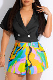 Red Casual Work Street Elegant Print Patchwork Buttons Turn-back Collar Short Sleeve Two Pieces