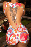Multicolor Sexy Street Party Print Backless O Neck Skinny Rompers