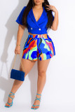 Red Casual Work Street Elegant Print Patchwork Buttons Turn-back Collar Short Sleeve Two Pieces