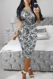 Colour Casual Print Basic O Neck Short Sleeve Dress