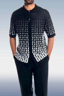 Black Criss Cross Pattern Walking Suit Short Sleeve Set