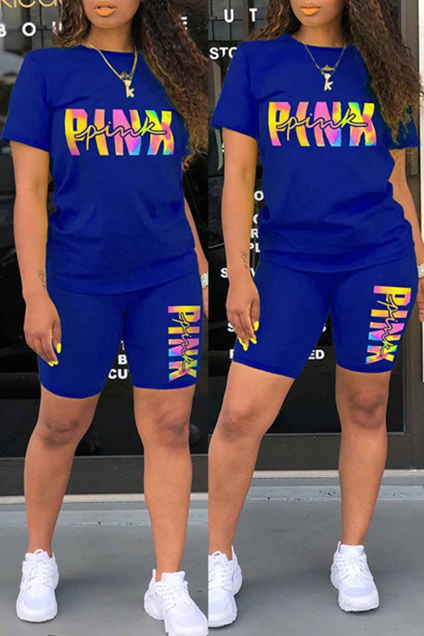 Deep Blue Casual Print Letter O Neck Short Sleeve Two Pieces