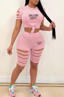 Pink Casual Print Ripped Letter O Neck Short Sleeve Two Pieces