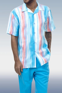 Blue Vertical Stripes Walking Suit 2 Piece Solid Color Short Sleeve Set