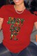 Red Casual Print Letter O Neck T-Shirts
