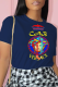 Navy Blue Casual Daily Print Patchwork O Neck T-Shirts