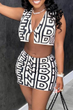 Black White Sexy Print Patchwork V Neck Sleeveless Two Pieces