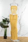 Yellow Sexy Solid Bandage Backless Slit Strapless Sleeveless Two Pieces