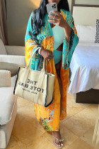 Blue Orange Casual Print Cardigan Outerwear