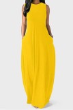 Yellow Casual Solid Basic O Neck Long Dress Dresses