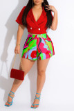 Red Casual Work Street Elegant Print Patchwork Buttons Turn-back Collar Short Sleeve Two Pieces
