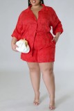 Red Casual Solid Patchwork Shirt Collar Plus Size Two Pieces