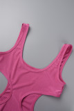 Rose Red Sexy Solid Hollowed Out Backless Swimwears