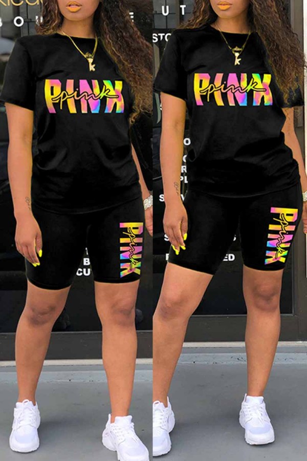 Black Casual Print Letter O Neck Short Sleeve Two Pieces