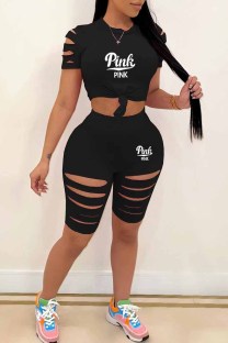 Black Casual Print Ripped Letter O Neck Short Sleeve Two Pieces