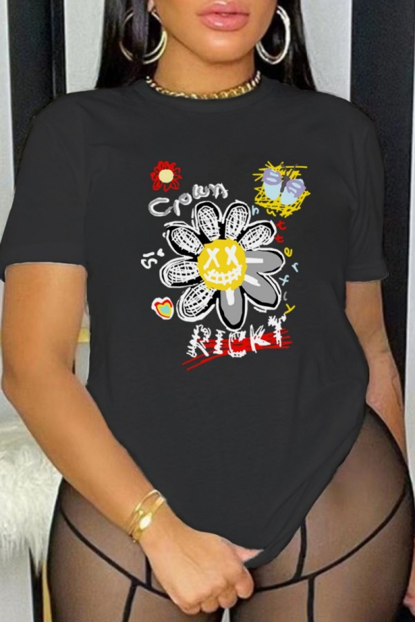 Black Casual Print Basic O Neck T-Shirts