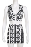 Black White Sexy Print Patchwork V Neck Sleeveless Two Pieces