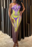 Brown Sexy Print Backless Oblique Collar Long Dress Dresses