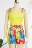 Yellow Casual Print Backless With Belt Spaghetti Strap Sleeveless Two Pieces
