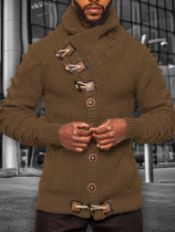 Brown Casual Solid Patchwork Buttons Turtleneck Outerwear
