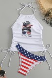 White Sexy Print Hollowed Out Backless Independence Day Swimwears (With Paddings)
