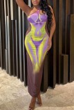 Brown Sexy Print Backless Oblique Collar Long Dress Dresses