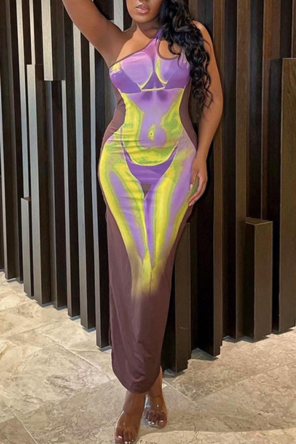 Brown Sexy Print Backless Oblique Collar Long Dress Dresses