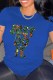 Blue Casual Print Letter O Neck T-Shirts
