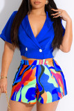 Red Casual Work Street Elegant Print Patchwork Buttons Turn-back Collar Short Sleeve Two Pieces