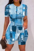 Blue Casual Print Slit O Neck Short Sleeve Two Pieces