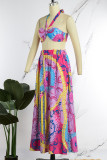 Rose Red Sexy Casual Print Backless Strapless Sleeveless Two Pieces