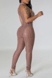 Black Sexy Patchwork Hot Drilling Hollowed Out See-through Backless Half A Turtleneck Skinny Jumpsuits