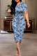 Blue Casual Print Basic O Neck Short Sleeve Dress