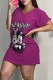 Purple Casual Character Print Letter V Neck A Line Dresses