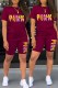 Burgundy Casual Print Letter O Neck Short Sleeve Two Pieces