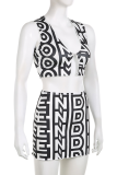 Black White Sexy Print Patchwork V Neck Sleeveless Two Pieces