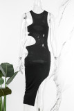 Black Sexy Solid Ripped Slit O Neck Sleeveless Dress Dresses